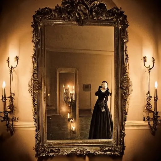 Image similar to a beautiful victorian woman is frightened by her zombie twin in a mirror. she is in a long hallway of mirrors. victorian interior, with many mirrors, twins, elegant design, haunting atmosphere, dark lighting, gothic, horror style, scary, swirling fog, volumetric lighting, by greg rutkowski, realistic, dutch angle, zombies