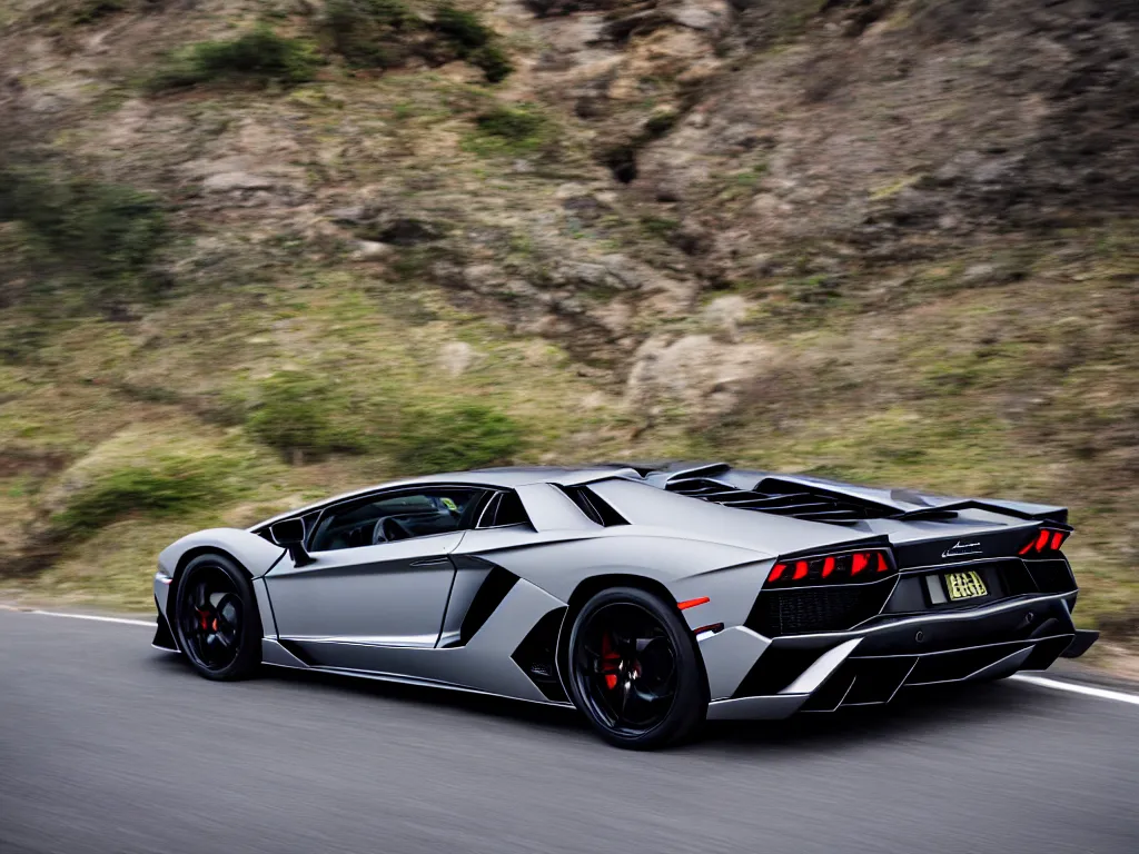 Image similar to a rear shot of a lamborghini aventador with lights on a mountain road, motion blur, 3 5 mm photography, car photography, clean lines, realistic