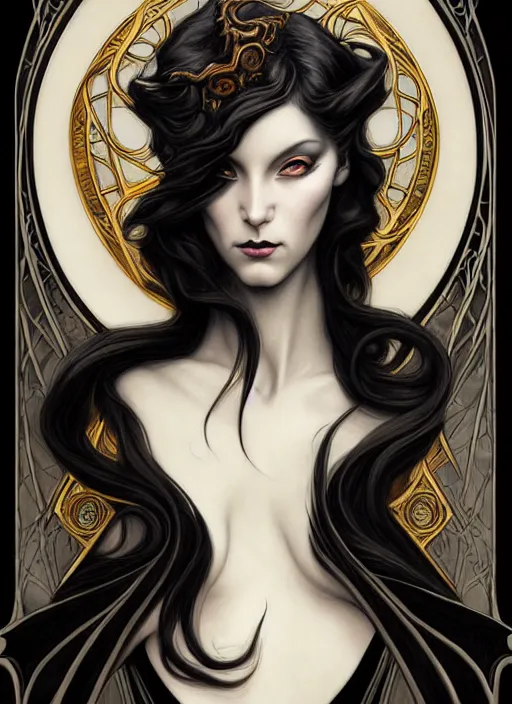 Prompt: an art nouveau, black dragon portrait in the style of charlie bowater, and in the style of donato giancola, and in the style of charles dulac. very large, clear, expressive, intelligent eyes. symmetrical, centered, ultrasharp focus, dramatic lighting, photorealistic digital painting, intricate ultra detailed background.