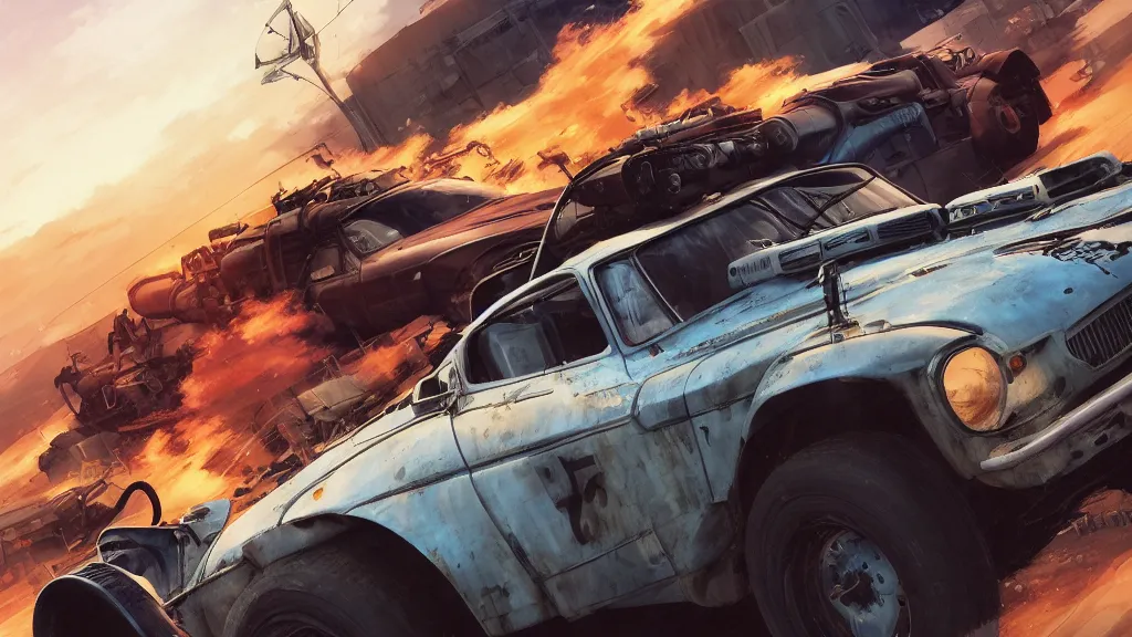 Image similar to anime illustration of mad max's fj 4 0 pursuit special, the last v 8 interceptor driving down to the gates of valhalla highway, riding fury road eternal shiny and chrome, world of fire and blood, by makoto shinkai, ilya kuvshinov, lois van baarle, rossdraws, basquiat, global illumination ray tracing hdr