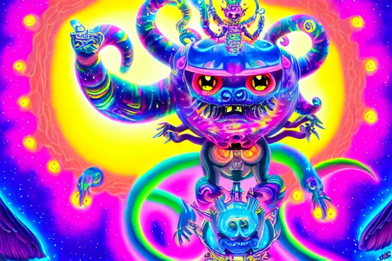 Image similar to lisa frank illustration of rebulon the cute ancient demon, by lisa frank, masterpiece concept art, 8 k, intricate detail, cinematic lighting, epic pose, bright colors