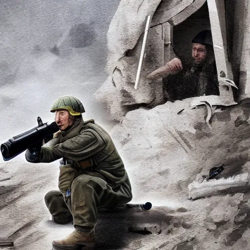 Prompt: Putin, fully equipped, is sitting in a trench and shooting back at the Ukrainians. Super detailed style/ HD textures/Detailed face of Putin/ detailed processing of details