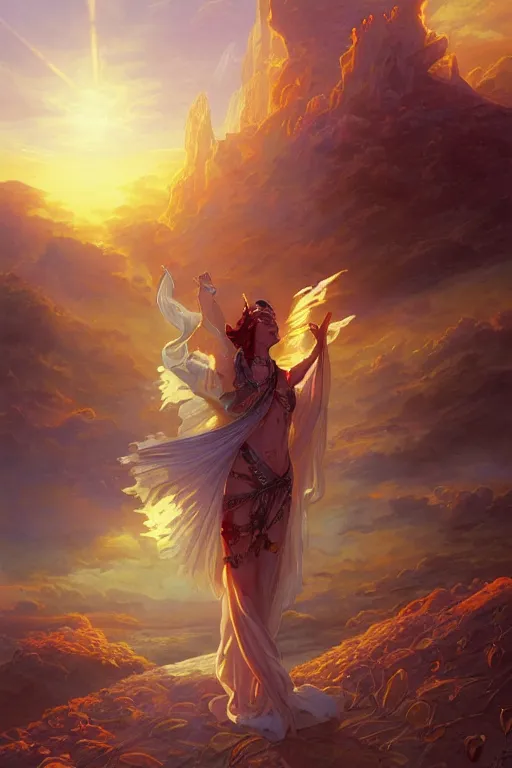 Image similar to the high Priestess of the sun god greets the rising sun, 8k resolution digital painting by Michael Whelan and Peter Mohrbacher, cinematic morning light