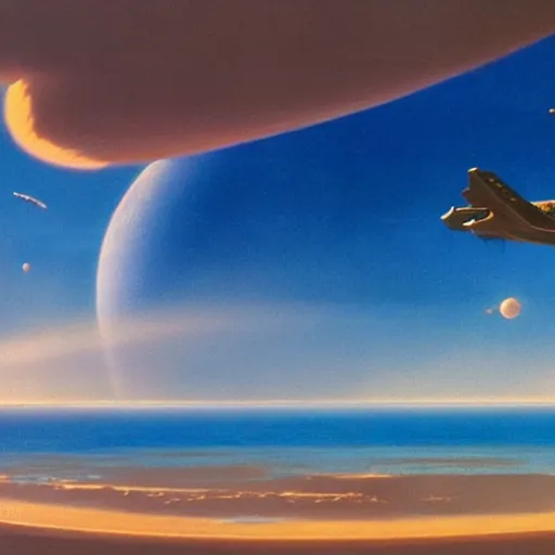 Image similar to beautiful matte painting of golden shores of a blue dreamy ocean, heavenly island in the clouds floating above the ocean, spaceship flying by, sci - fi, daylight, blue sky, cinematic lighting, cinematic perspective, syd mead, john harris, federico pelat