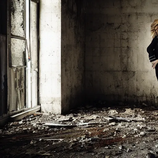 Image similar to photo of cate blanchett in an abandoned building, by Annie leibowitz, photorealisitc ,4k