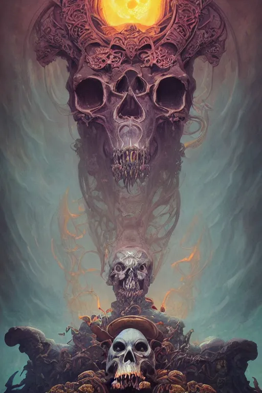 Image similar to evil gigantic skull lord of death, fantasy painting, ultra realistic, wide angle, art nouveau, intricate details, rainbowshift, vivid colors, highly detailed by peter mohrbacher, maxfield parrish, aaron horkey, gaston bussiere, craig mullins