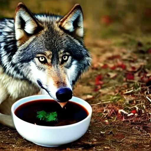 Prompt: a wolf drinking soup