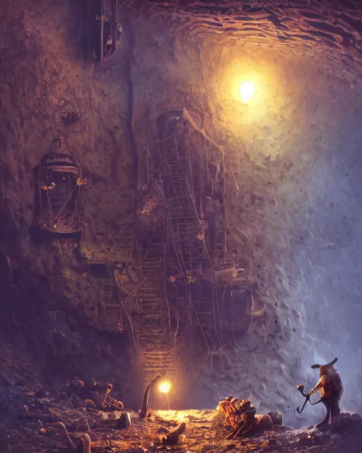 Image similar to oil painting of poor anthropomorphized mole mining gold, close shot, full body, dark steampunk mine shaft background, sharp focus, fantasy style, octane render, volumetric lighting, 8k high definition, by greg rutkowski, highly detailed, trending on art Station, dungeons and dragons artwork, centered