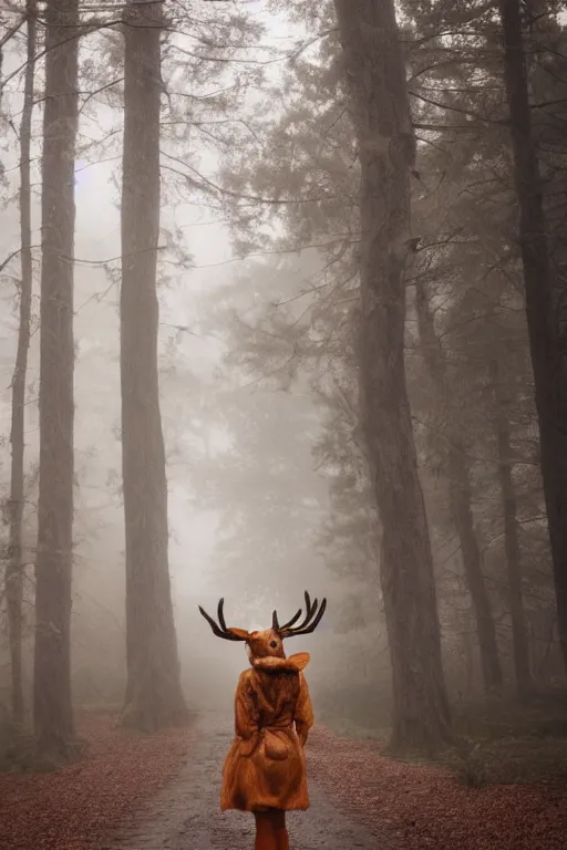 Image similar to photo of a woman in a realistic deer costume, in the morning, in a forest, fog, ambient light