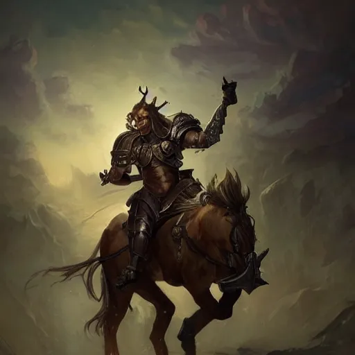 Image similar to Centaur Centaur Centaur Centaur :: Paladin, fearsome, beautiful, DnD character art portrait, male centaur centaur chimera, plate armor, matte fantasy painting, DeviantArt Artstation, by Jason Felix by Steve Argyle by Tyler Jacobson by Peter Mohrbacher, cinematic lighting.