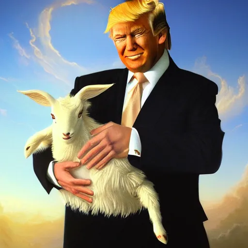 Image similar to a detailed fantasy character painting of Donald Trump holding a lamb, dressed like Jesus Christ, by lauri blank, artgerm, evelyn de morgan, 8K, 50mm lens