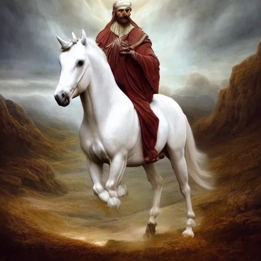 Image similar to a masterpiece matte painting of a white horse, by gustav dore and paul barson, 8 k, uhd, cgsociety, trending on artstation, a man riding on the horse with eyes like flames, many crowns upon his head, a robe dipped in blood