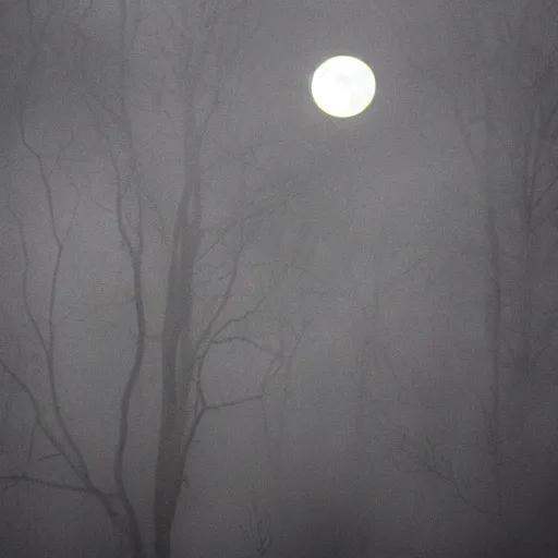 Prompt: huge owl with outstretched wings flapping flying at night through fog in the forest lit by the full moon fog moving through feathers