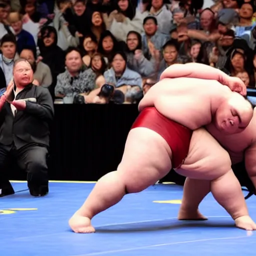 Prompt: photo of Elon Musk wrestling a sumo wrestler