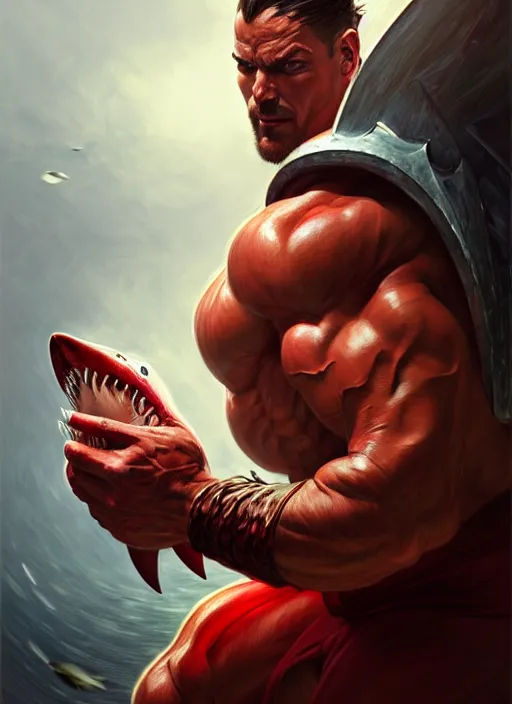 Image similar to portrait of a super muscular red human with a shark head punching a wall, d & d, muscular! fantasy, intricate, elegant, highly detailed, digital painting, artstation, concept art, smooth, sharp focus, illustration, art by artgerm and greg rutkowski and alphonse mucha