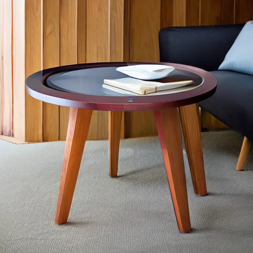 Prompt: an impractical spherical wooden table, magazine product photo