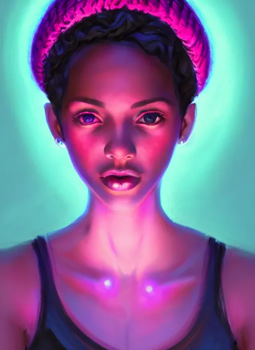 Image similar to portrait of teenage vanessa morgan with bright pink hair, black girl, curly pixie cut hair, wearing a purple breton cap, breton cap, hoop earrings, intricate, elegant, glowing lights, highly detailed, digital painting, artstation, concept art, smooth, sharp focus, illustration, art by wlop, mars ravelo and greg rutkowski