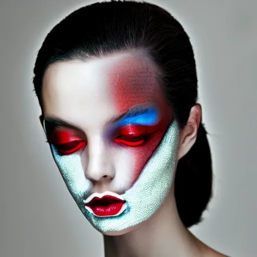 Image similar to high fashion photography of a model in neo futurism white sci - fi makup, transparent cloth, beautifully lit