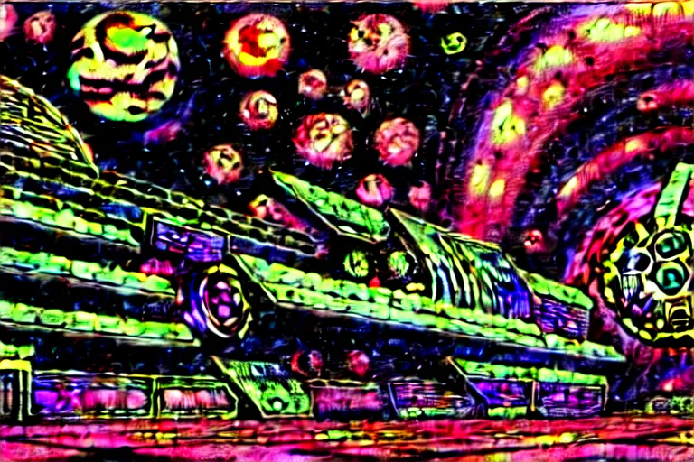 Image similar to philippe druillet, rotting space station drifting in psychedelic nebula, derelict tech, highly detailed