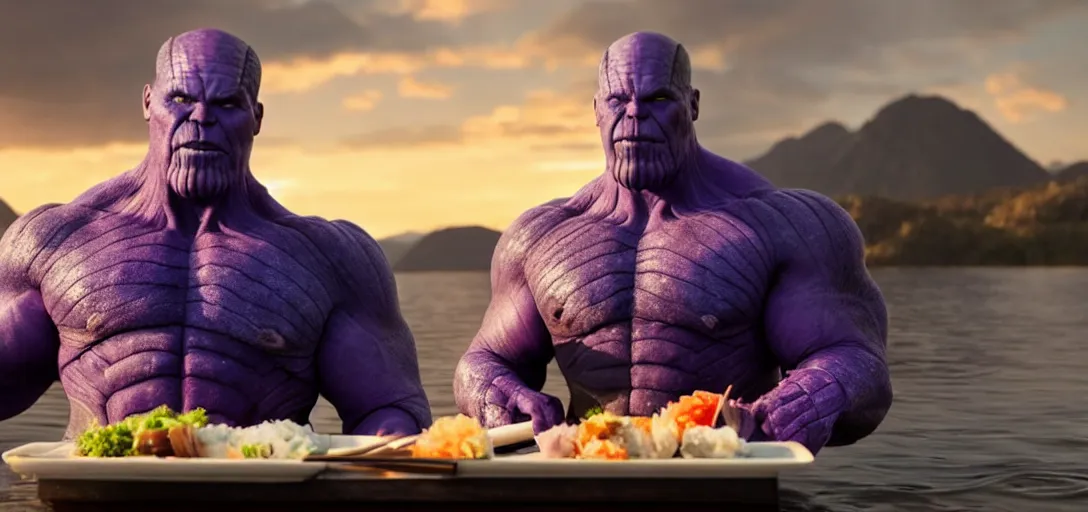 Image similar to a very high resolution image from a new movie. thanos eating sushi on a lake, photorealistic, photography, directed by wes anderson