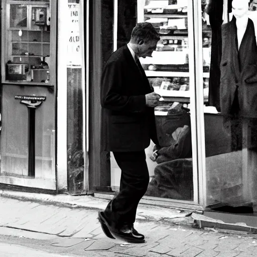 Prompt: a man wearing a black suit walking around in his shop by reg rutkowski