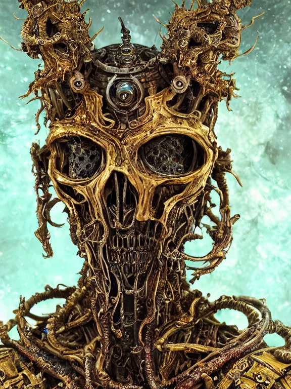 Prompt: portrait art of 8k ultra realistic undead eldritch horror corrupted lich queen, ornate gold crown , detailed intricate ornate armour,decaying, cybernetic, full of colour, cinematic lighting, battered, trending on artstation, 4k, hyperrealistic, focused, extreme details,unreal engine 5, cinematic, masterpiece, art by ayami kojima, giger