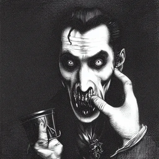 Prompt: dracula drinking coffee, creepy atmosphere, dark, portrait, realistic, very realistic, illustration by Gustave Doré