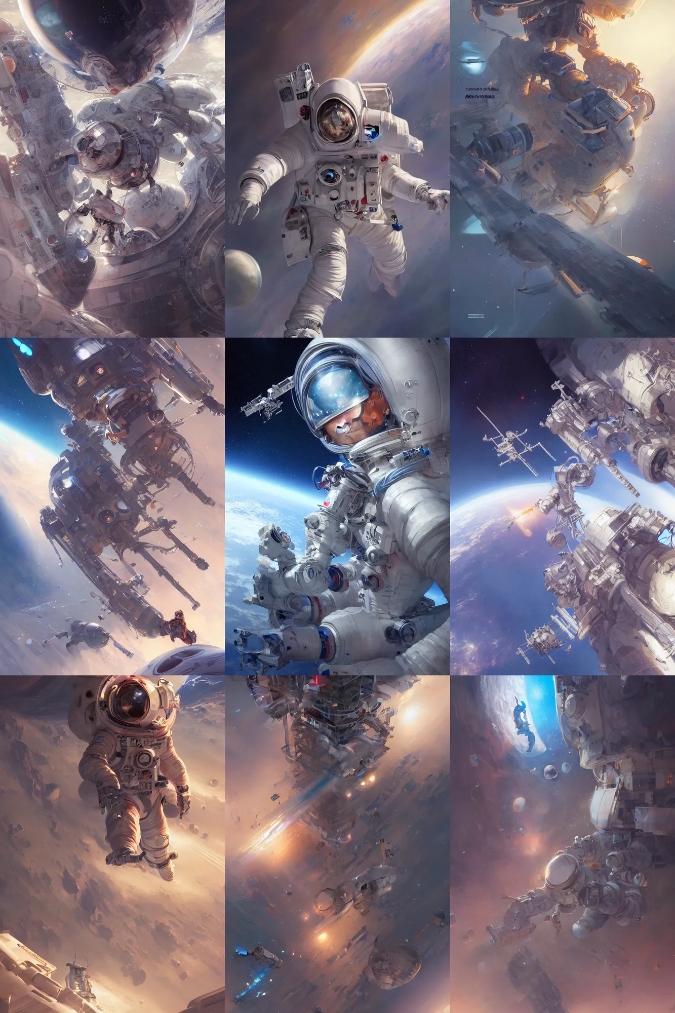 Prompt: space engineer, ISS, Stanley Artgerm Lau, WLOP, Rossdraws, James Jean, Andrei Riabovitchev, Marc Simonetti, Yoshitaka Amano, digital art, artstation