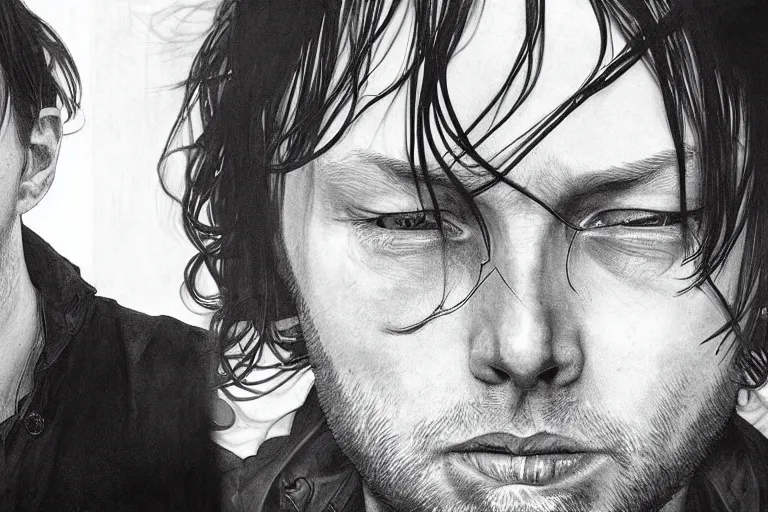 Image similar to hyper realistic portrait of ( thom ) ( yorke ) ( radiohead ) singer songwriter, side, liminal space, by lee bermejo, alphonse mucha and greg rutkowski