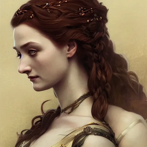 Prompt: portrait of sansa stark dark queen, intricate, elegant, highly detailed, digital painting, artstation, concept art, smooth, sharp focus, illustration, art by artgerm and greg rutkowski and alphonse mucha and william - adolphe bouguereau