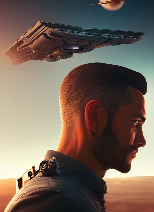 Prompt: side profile centered portrait, man with a gun, spaceship in the background, by artgerm, miles johnstone, frames,. poster, 8 k. elegant, intricate, octane render