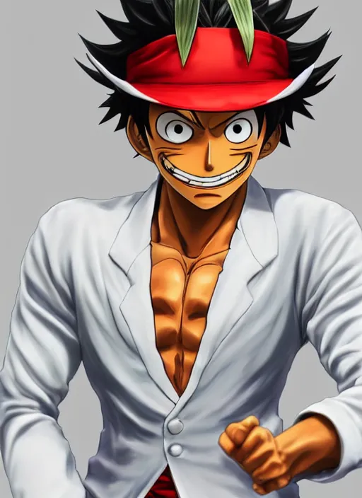 Image similar to a professional render of luffy wearing a white suit, concept art, sharp detail, smooth render, trending on ArtStation