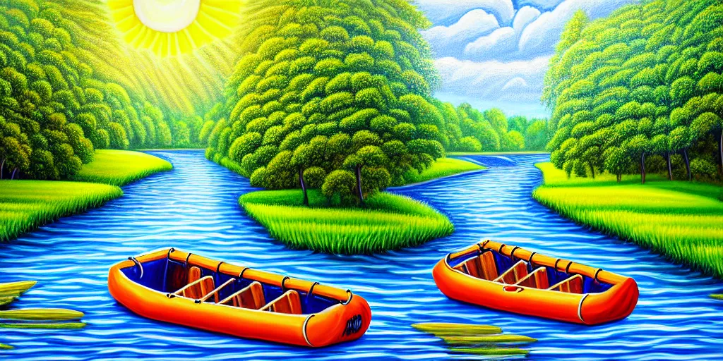 Prompt: A very detailed painting in the style of featuring a river in Europe surrounded by trees and fields. A rubber dinghy is slowly moving through the water. Sun is shining, photorealistic digital art