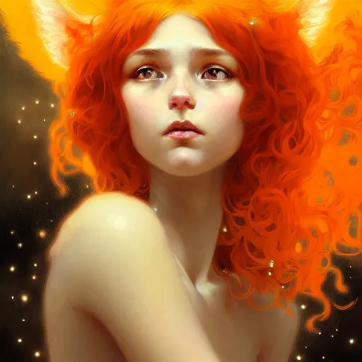 Image similar to Portrait of a girl angel with pale orange colored fuzzy frizzy hair, cat ears, glowing halo, wings, fantasy, intricate, elegant, highly detailed, digital painting, artstation, concept art, smooth, sharp focus, illustration, art by Krenz Cushart and Artem Demura and alphonse mucha