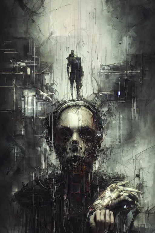 Prompt: cybernetic dream hunter, cyberpunk, wires, skulls, machines by emil melmoth zdzislaw belsinki craig mullins yoji shinkawa realistic render ominous detailed photo atmospheric by jeremy mann francis bacon and agnes cecile ink drips paint smears digital glitches glitchart