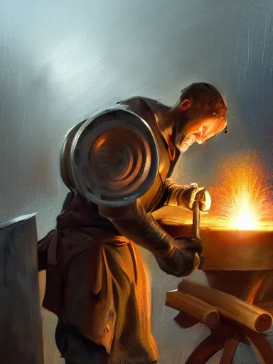 Image similar to a blacksmith striking a hammer in its anvil. working at his forge. intricate, elegant, highly detailed, digital painting, artstation, cinematic shot, concept art, sharp focus, illustration, by justin gerard and artgerm 8 k