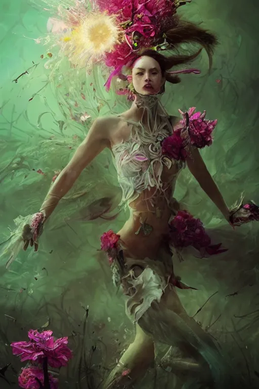 Image similar to beautiful girl necromancer, witch - doctor exploding into flowers fire crystal dress, angels, 3 d render, green magic, hyper realistic detailed portrait, holding electricity and birds, ruan jia, wlop. scifi, fantasy, magic the gathering, hyper detailed, octane render, concept art by artgerm, peter mohrbacher