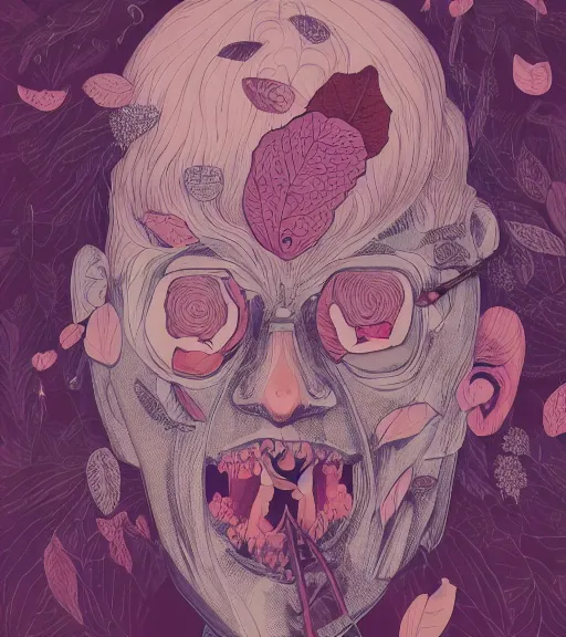 Prompt: portrait, nightmare anomalies, leaves with a knife by miyazaki, violet and pink and white palette, illustration, kenneth blom, mental alchemy, james jean, pablo amaringo, naudline pierre, contemporary art, hyper detailed