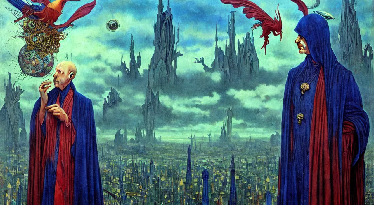 Image similar to realistic detailed portrait movie shot of a birdman wearing dark robes, sci fi city landscape background by denis villeneuve, amano, yves tanguy, alphonse mucha, ernst haeckel, max ernst, roger dean, masterpiece, rich moody colours, blue eyes, occult