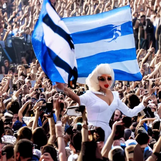 Image similar to Lady Gaga as Evita, Argentina presidential rally, Argentine flags behind, bokeh, epic photo, detailed, Argentina