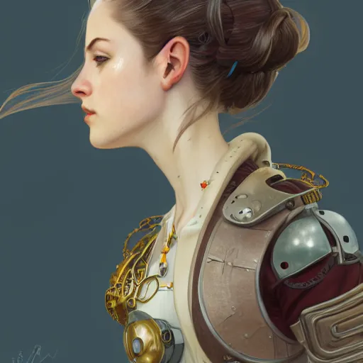 Prompt: portrait of a 2200s young female steampunk fighter, futuristic, headshot, hyper realistic, pale skin, 4k, rule of thirds, extreme detail, detailed drawing, trending artstation, hd, fantasy, D&D, realistic lighting, by Alphonse Mucha, Greg Rutkowski, sharp focus, backlit, elegant