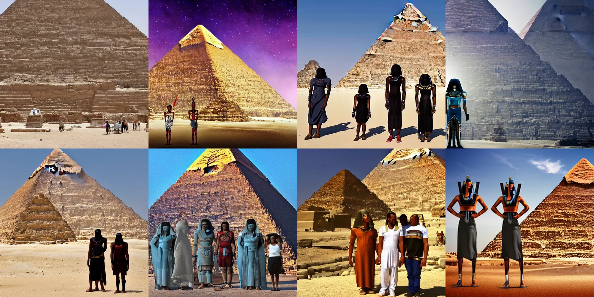Prompt: futuristic ancient Egyptians in front of a futuristic pyramid