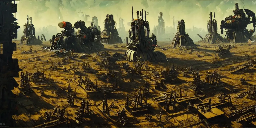 Prompt: scene from future robot war, highly detailed, painting by otto dix and greg rutkowski 8 k