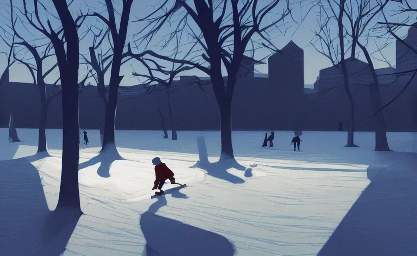 Prompt: ice skating on a frozen lake scene illustration by atey ghailan and escher and edward hopper