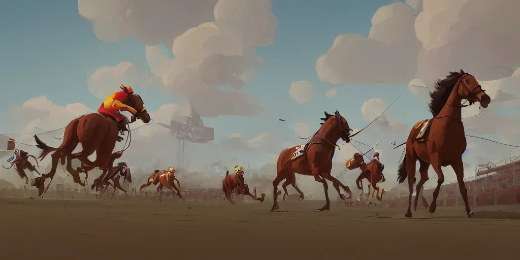 Image similar to Horse Racing by Goro Fujita and Simon Stalenhag , 8k, trending on artstation, hyper detailed, cinematic