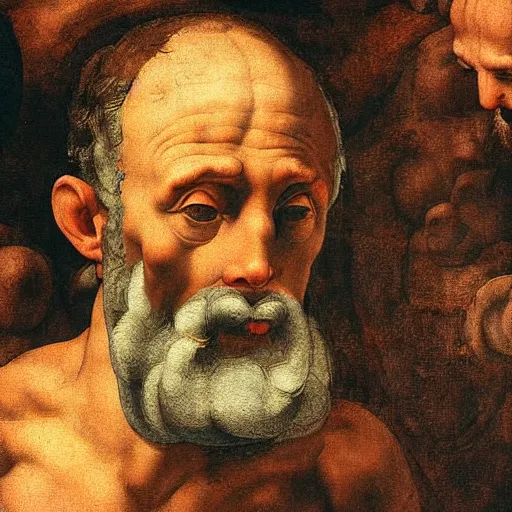 Image similar to scared man looking up, high detail painting by michelangelo