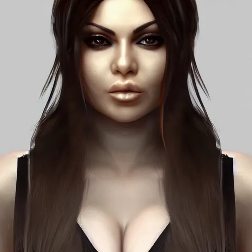 Image similar to portait of haifa wehbe, long hair centred, hd, very detailed curve, unreal engine, final fantasy style, loup garou background, rending artstation