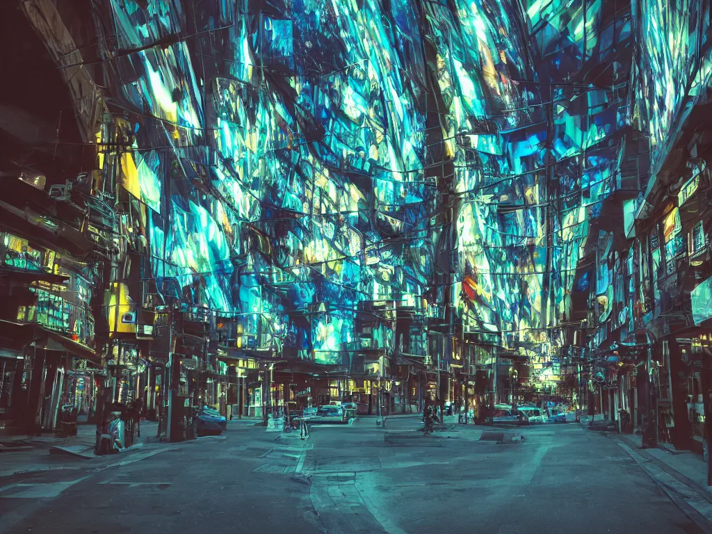 Prompt: streets with curved translucent screens projecting detailed sci - fi art ( 2 0 4 2 ), pixel perfect photograph, high contrast, volumetric lighting, thin glowing lights, chair, users, pair of keys