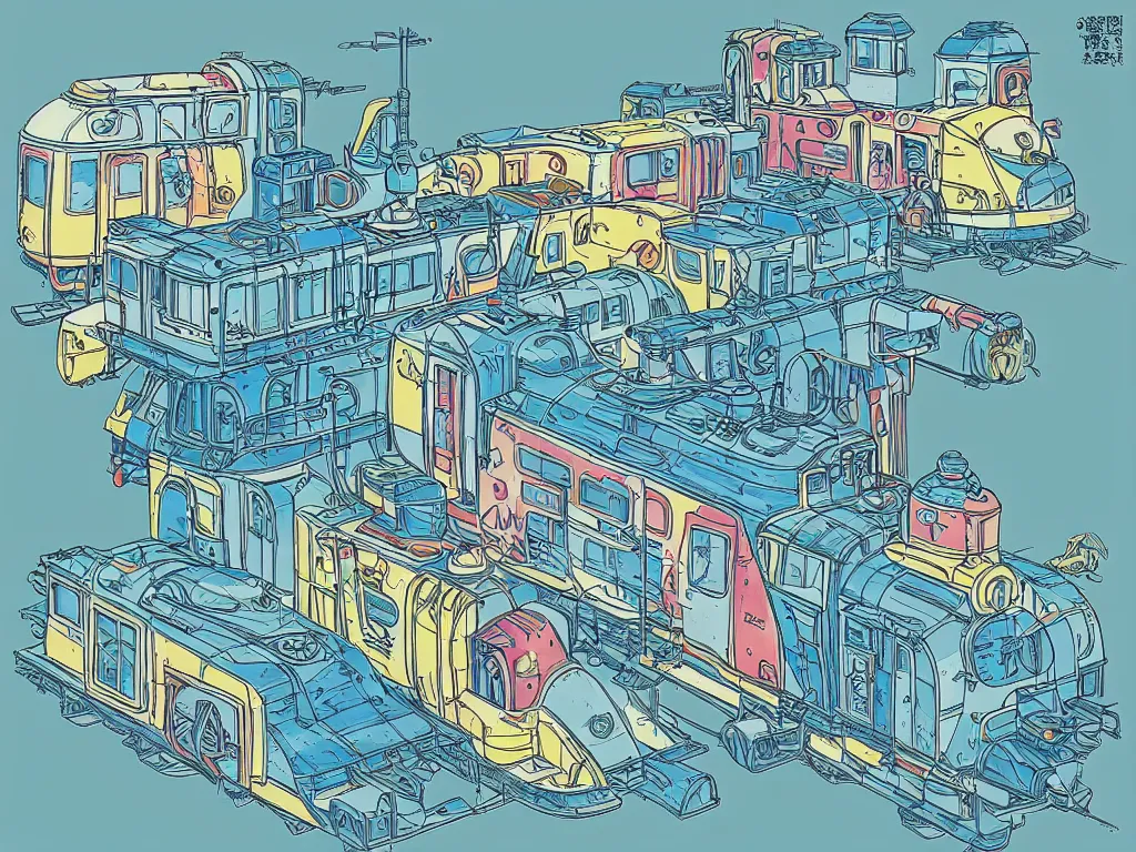 Image similar to colorful blueprint sideview of a anime train, illustration, concept art, autumn light, colorful, beautiful, studio ghibli, hayao miyazaki, takashi murakami, manga, cute and adorable