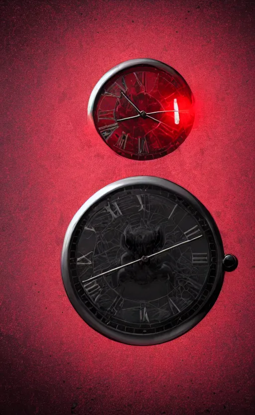 Image similar to a melting Roman numeral clock, behind a red and black gradient background, awith a black heart shaped on the top left corner and a black diamond card shape in the bottom right corner, dynamic lighting, photorealistic fantasy concept art, trending on art station, stunning visuals, cinematic, creative, ultra detailed